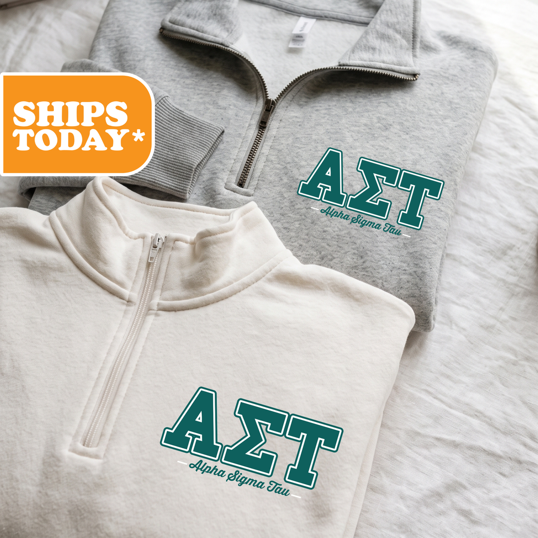 Two gray sweatshirts with the Greek letters "ΚΥΛΙ" printed on them, along with the text "ΚΥΛΙ Alpha Sigma Delta Tau" printed below.