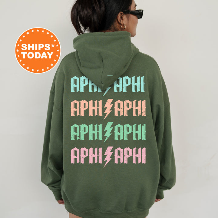 a woman wearing a green hoodie with the words aph, aph,