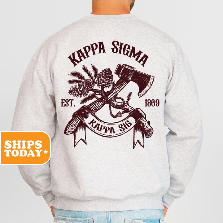 a man wearing a sweatshirt with a hammer and crossed axes on it