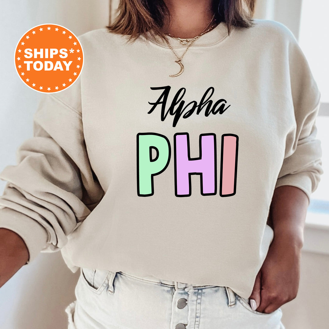 a woman wearing a sweatshirt that says, ahoh phi