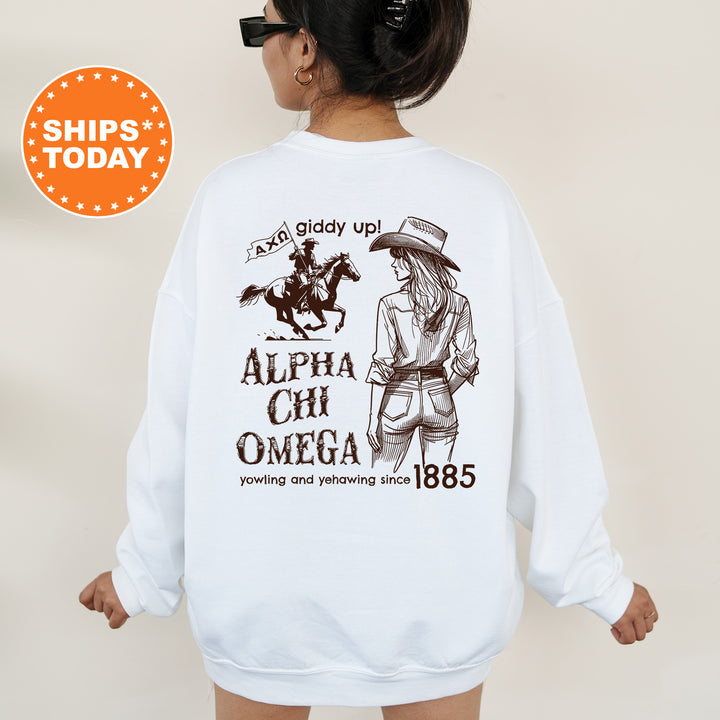 a woman wearing a white sweatshirt with an image of a woman on a horse