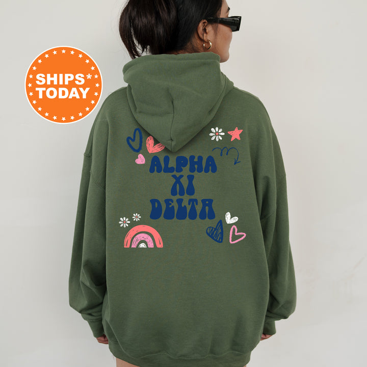 a woman wearing a green sweatshirt with the words aloh ki delta on it
