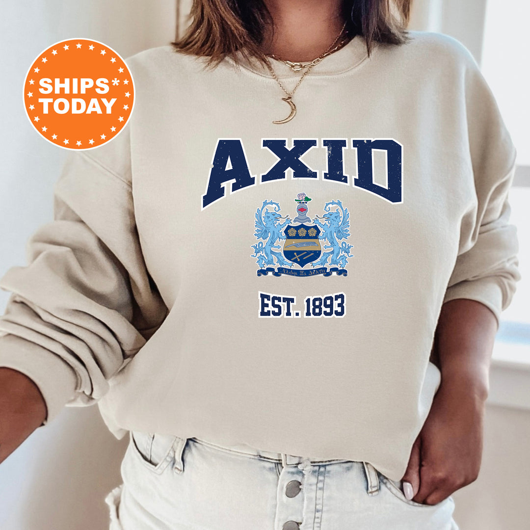 a woman wearing a sweatshirt with the words axid printed on it