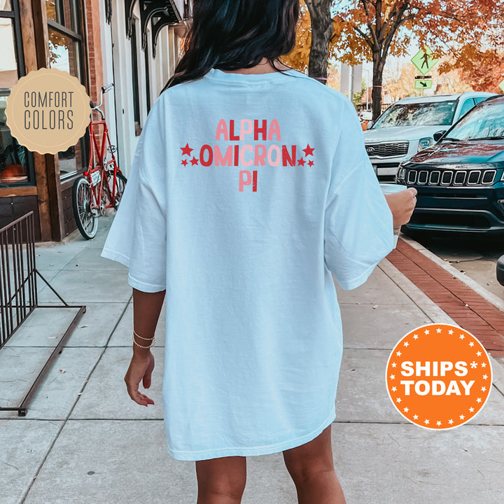 a woman walking down a sidewalk wearing a white shirt