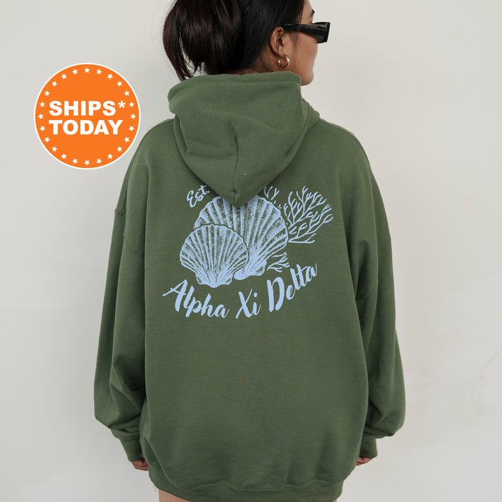 A person wearing a green hoodie with a graphic design of seashells and the text "Alpha XI Delta" printed on the back.