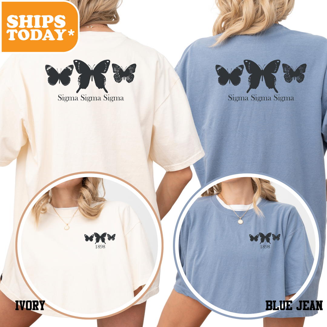 a woman wearing a shirt with a butterfly on it