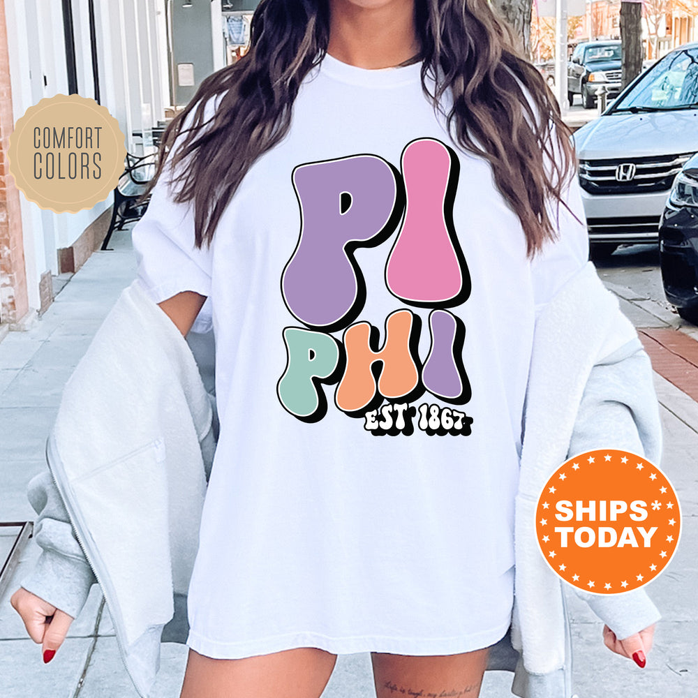 a woman wearing a t - shirt with the phrase pi pi pi pi pi pi
