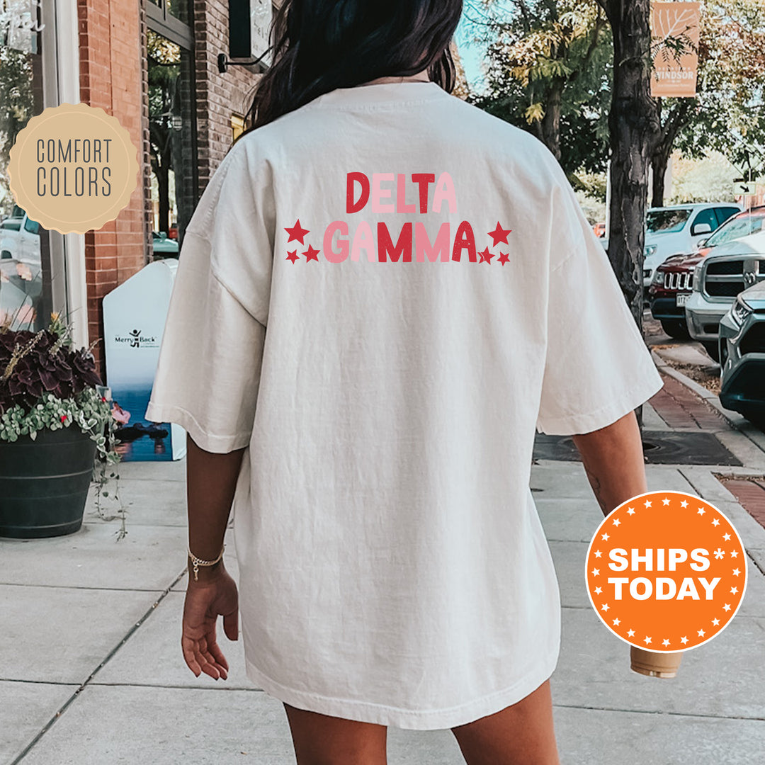 a woman walking down a sidewalk wearing a white shirt