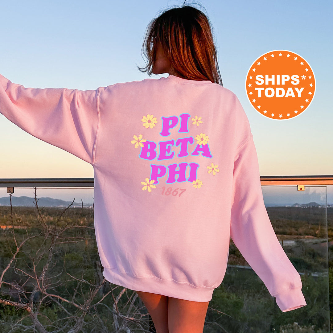 A woman wearing a pink sweatshirt with the text "PI BETA PHI" printed on it, standing in front of a scenic outdoor landscape.