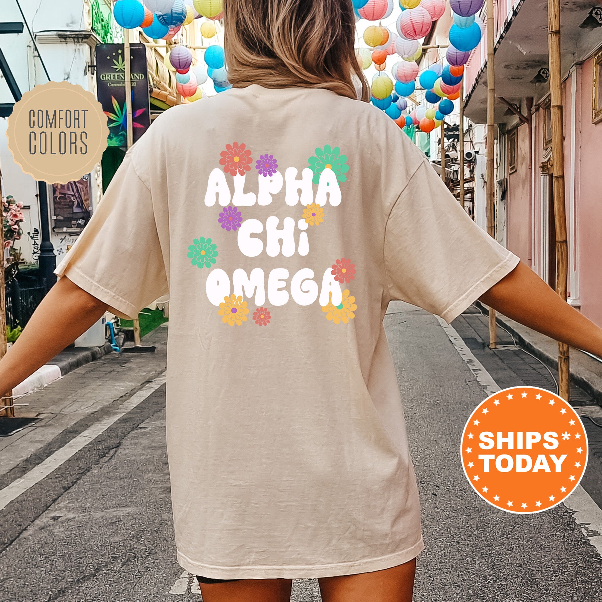 a woman is walking down the street with her arms outstretched