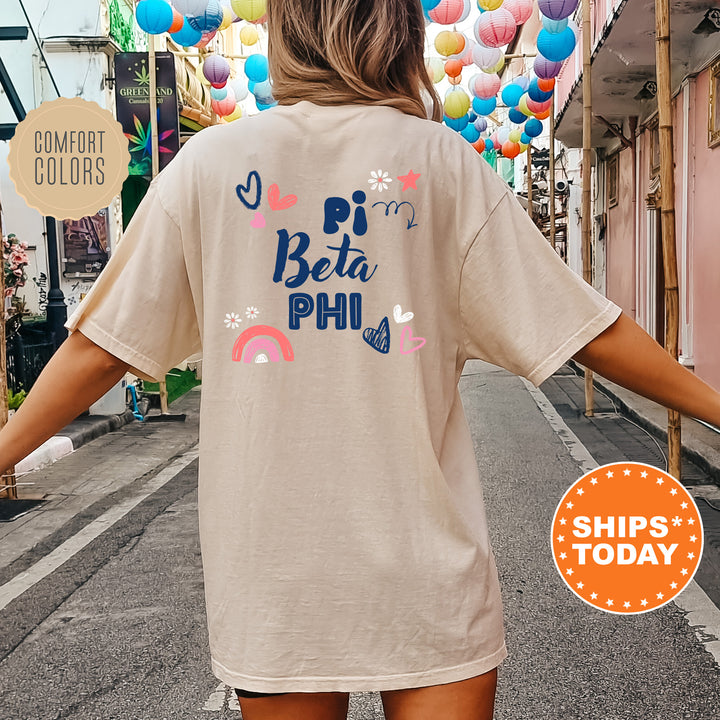 a woman walking down a street with balloons in the background