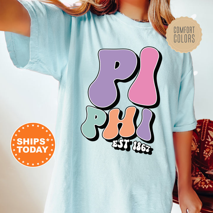 a woman wearing a t - shirt with the word phi phi on it