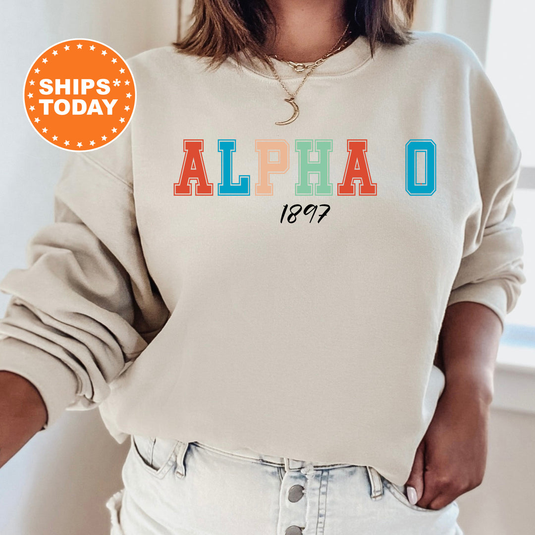 a woman wearing a sweatshirt with the word alphao printed on it