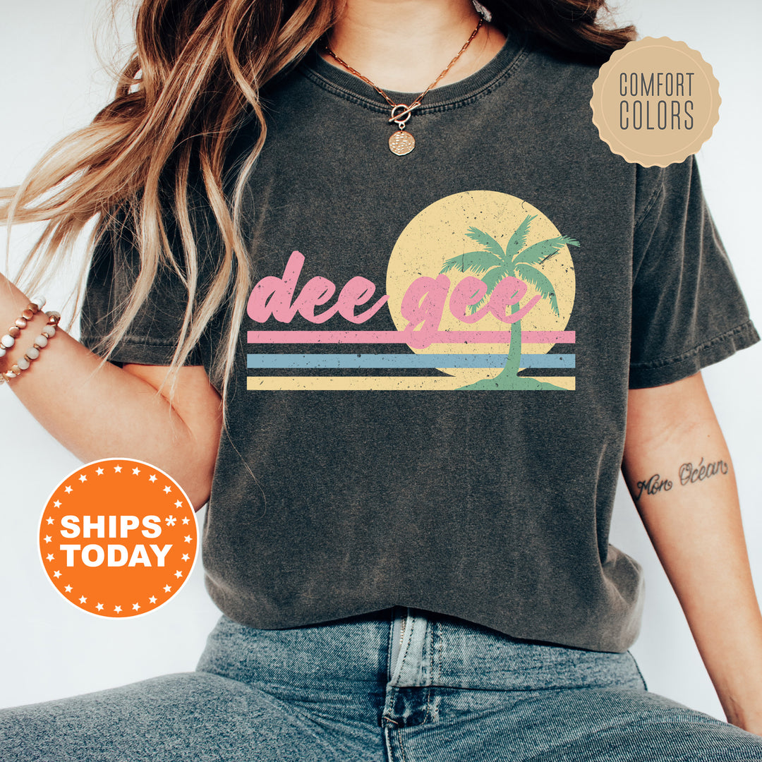 a woman wearing a t - shirt with the word deee on it