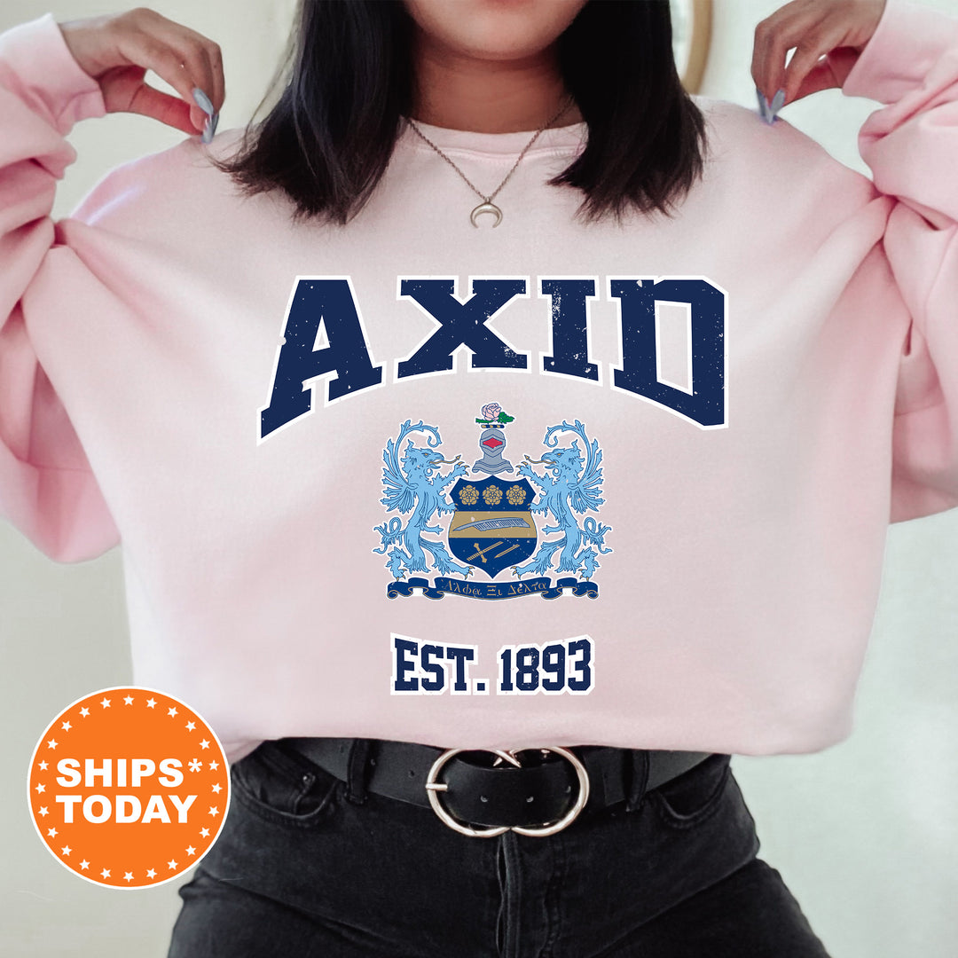a woman wearing a pink sweatshirt with the words axid on it