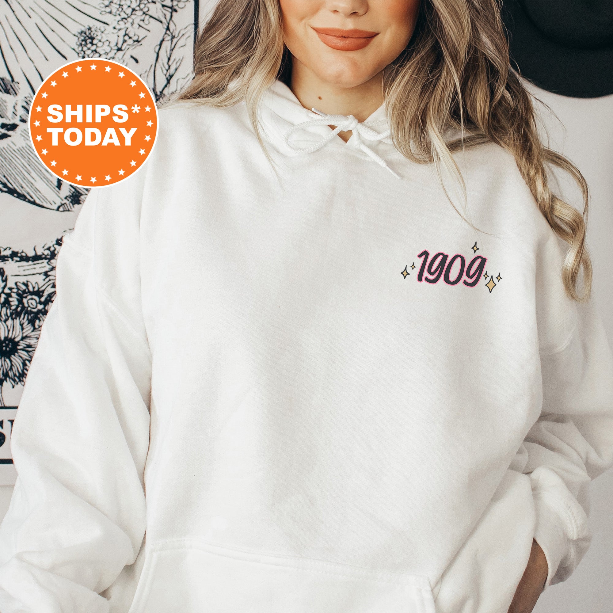 a woman wearing a white hoodie with the words ship's today on it