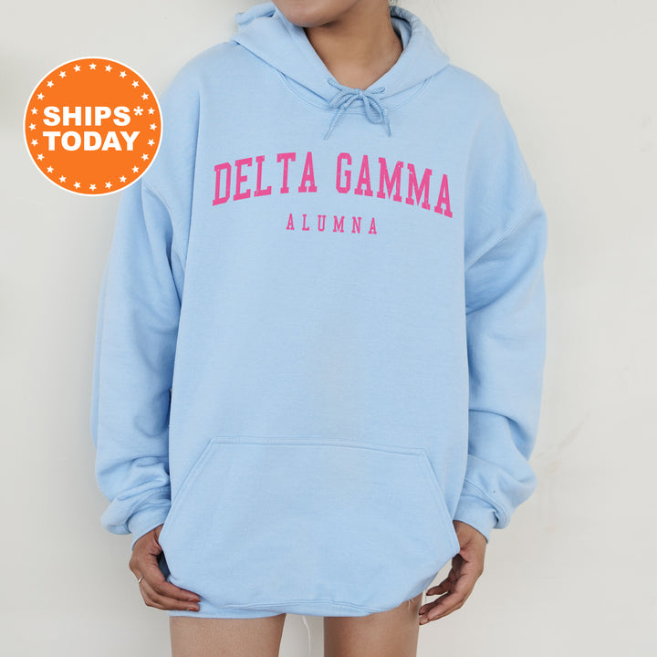 a woman wearing a blue delta garma hoodie