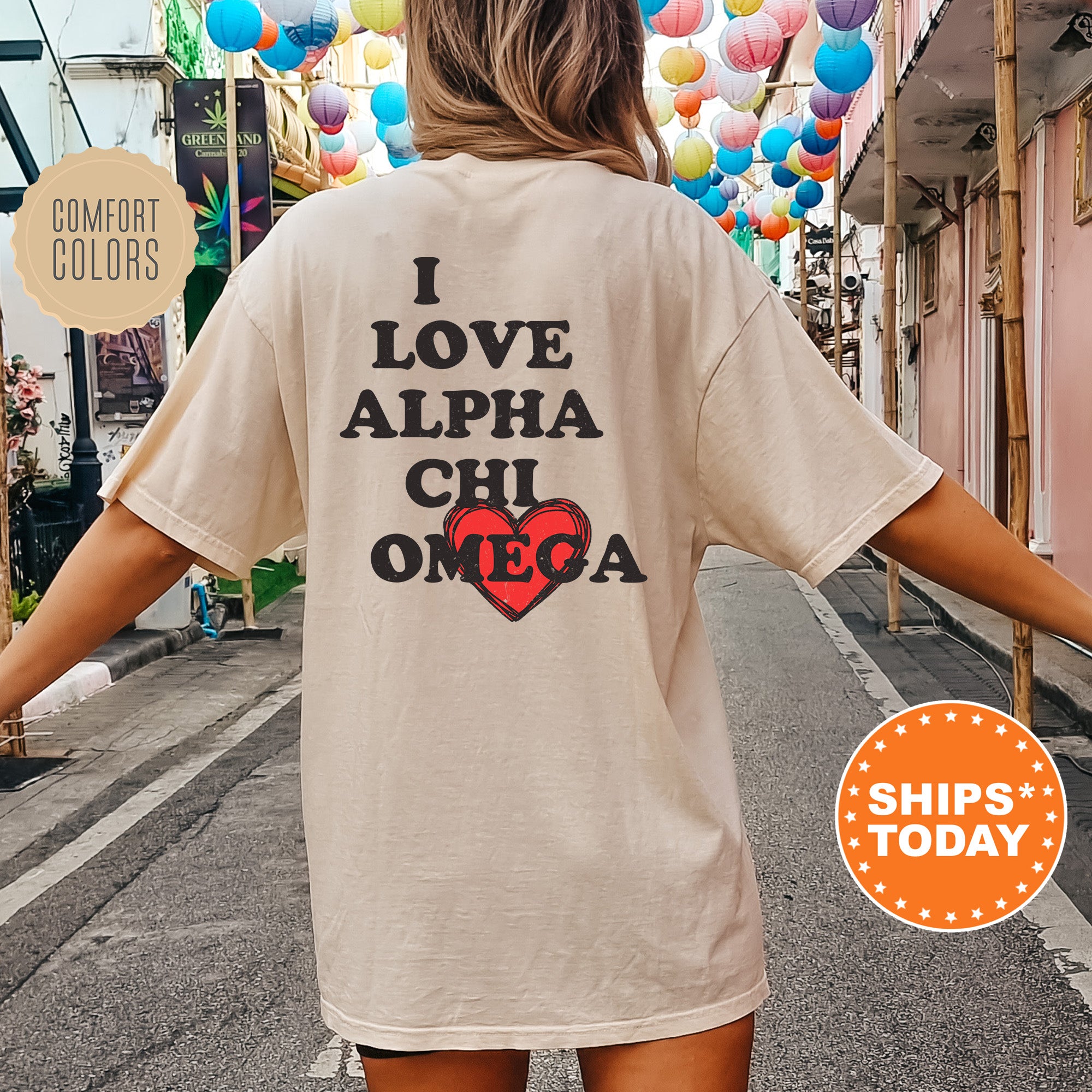 a woman walking down a street with balloons in the background