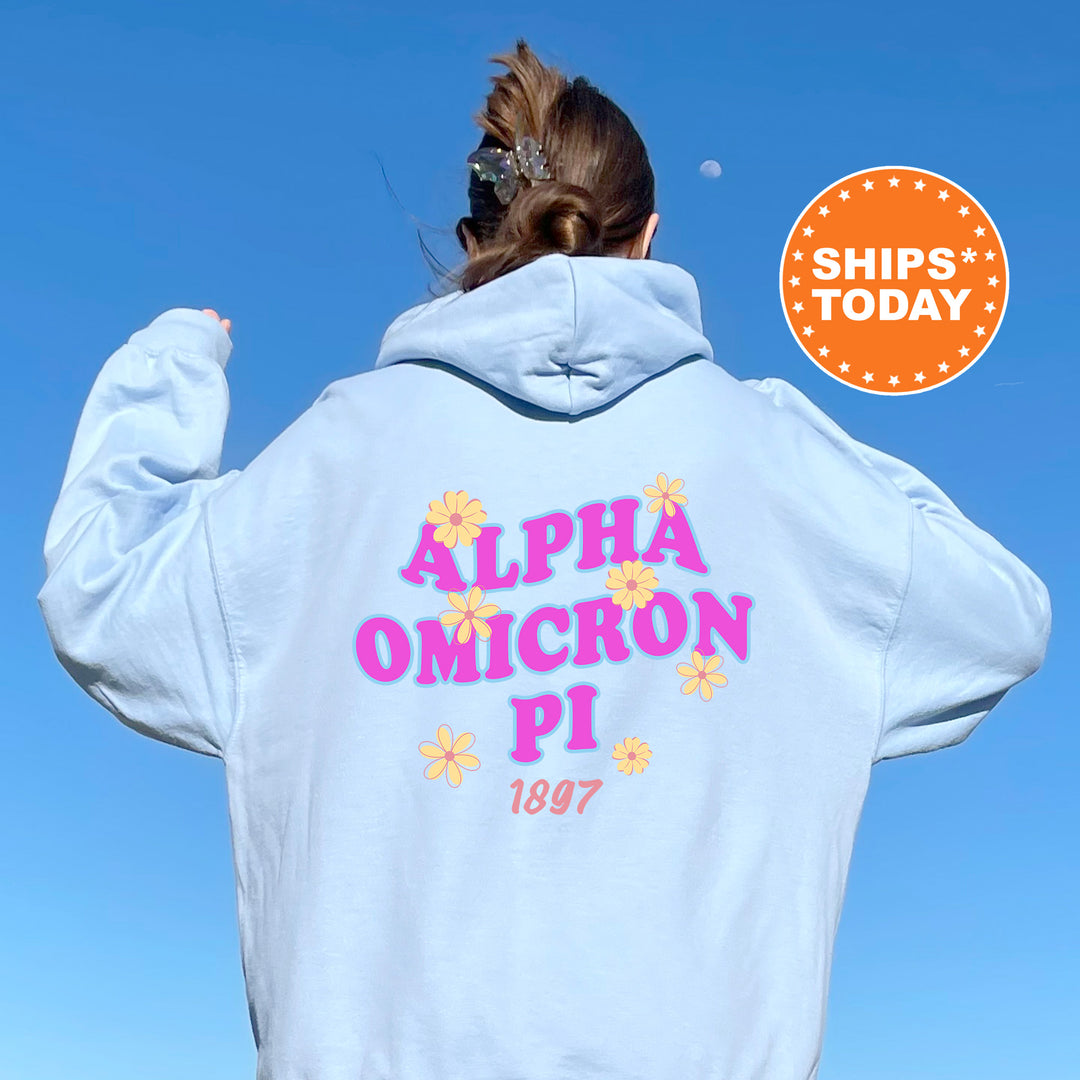 A person wearing a light blue hoodie with the text "ALPHA OMICRON PII" printed on it, standing against a clear blue sky.