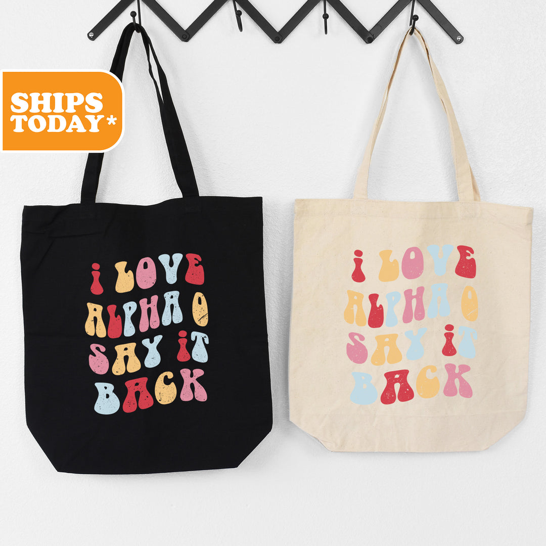 two totes hanging on a wall next to each other
