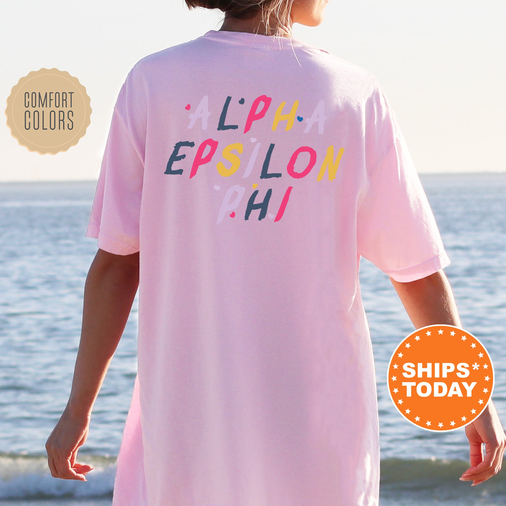 a woman wearing a pink shirt with the words, aloh epsilon ah