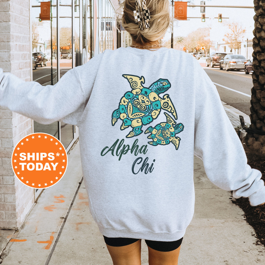 A person wearing a grey sweatshirt with a colorful turtle design and text on the back, standing on a sidewalk with a traffic light in the background.