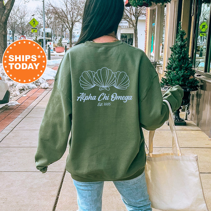 A person wearing a green sweatshirt with the text "Alpha Chi Omega" printed on it, walking on a sidewalk.