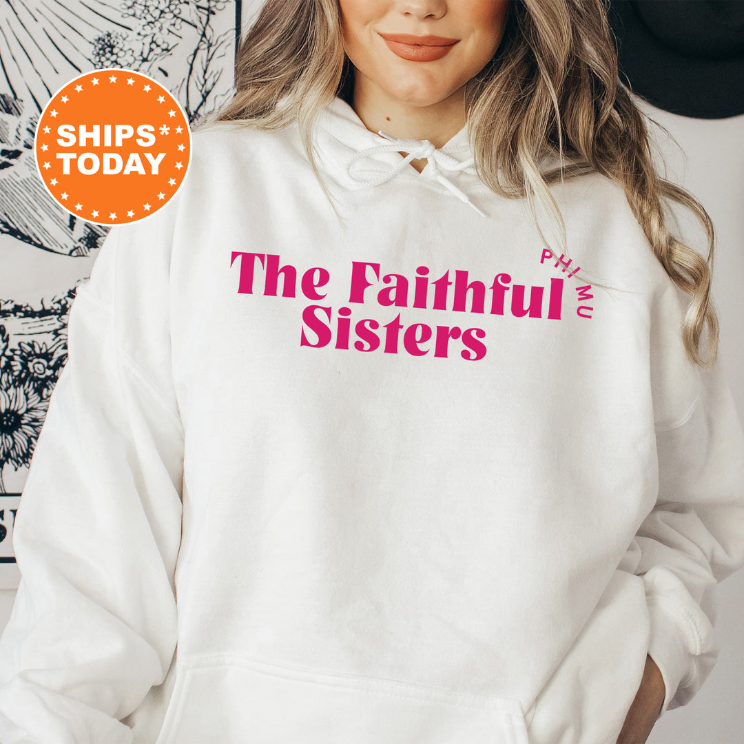 a woman wearing a white hoodie with the words the faithful sisters on it
