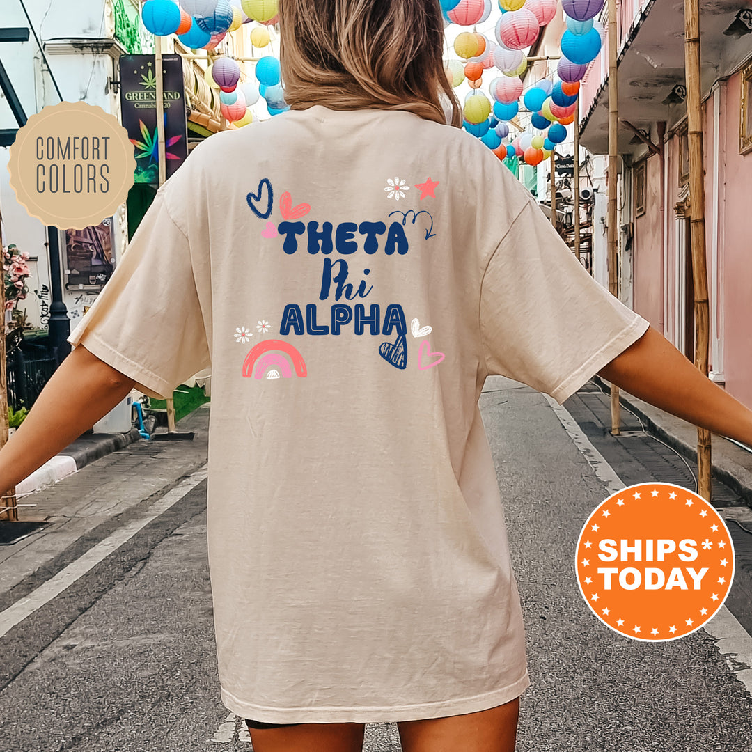a woman walking down a street with balloons in the background