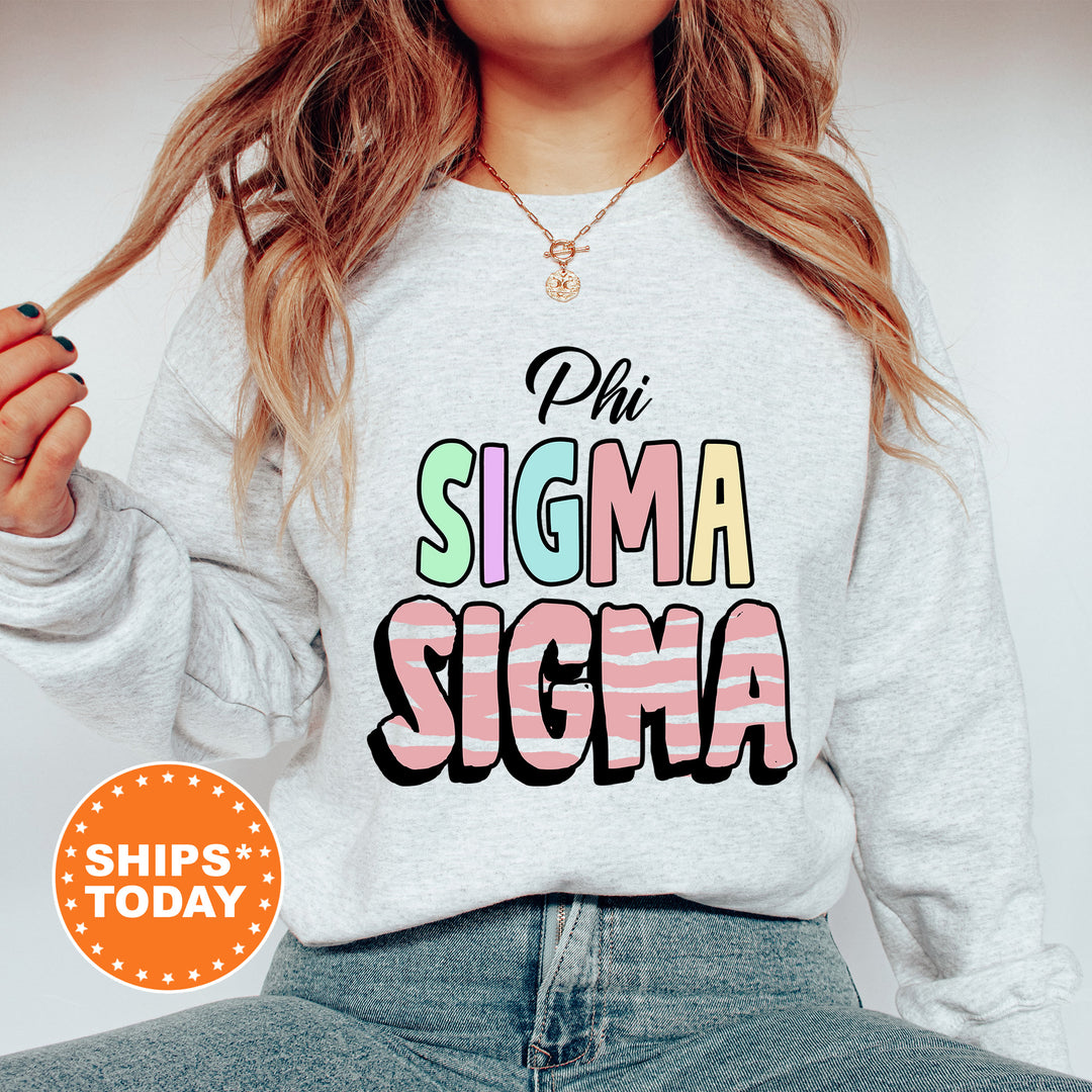 a woman wearing a sweatshirt that says phi sigmma sigha