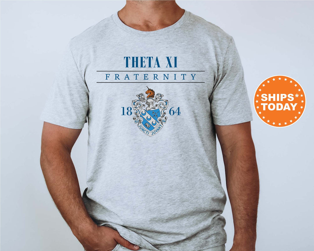 a man wearing a t - shirt with a crest on it