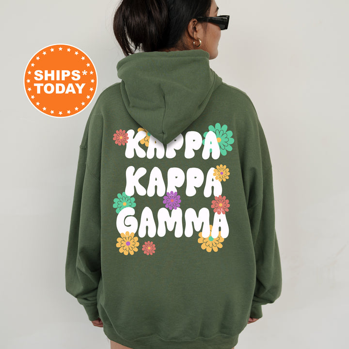 a woman wearing a green hoodie with the words kappa kappa