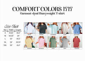 The image is a size chart for a garment-dye heavyweight t-shirt, displaying various sizes and corresponding tops in different colors.