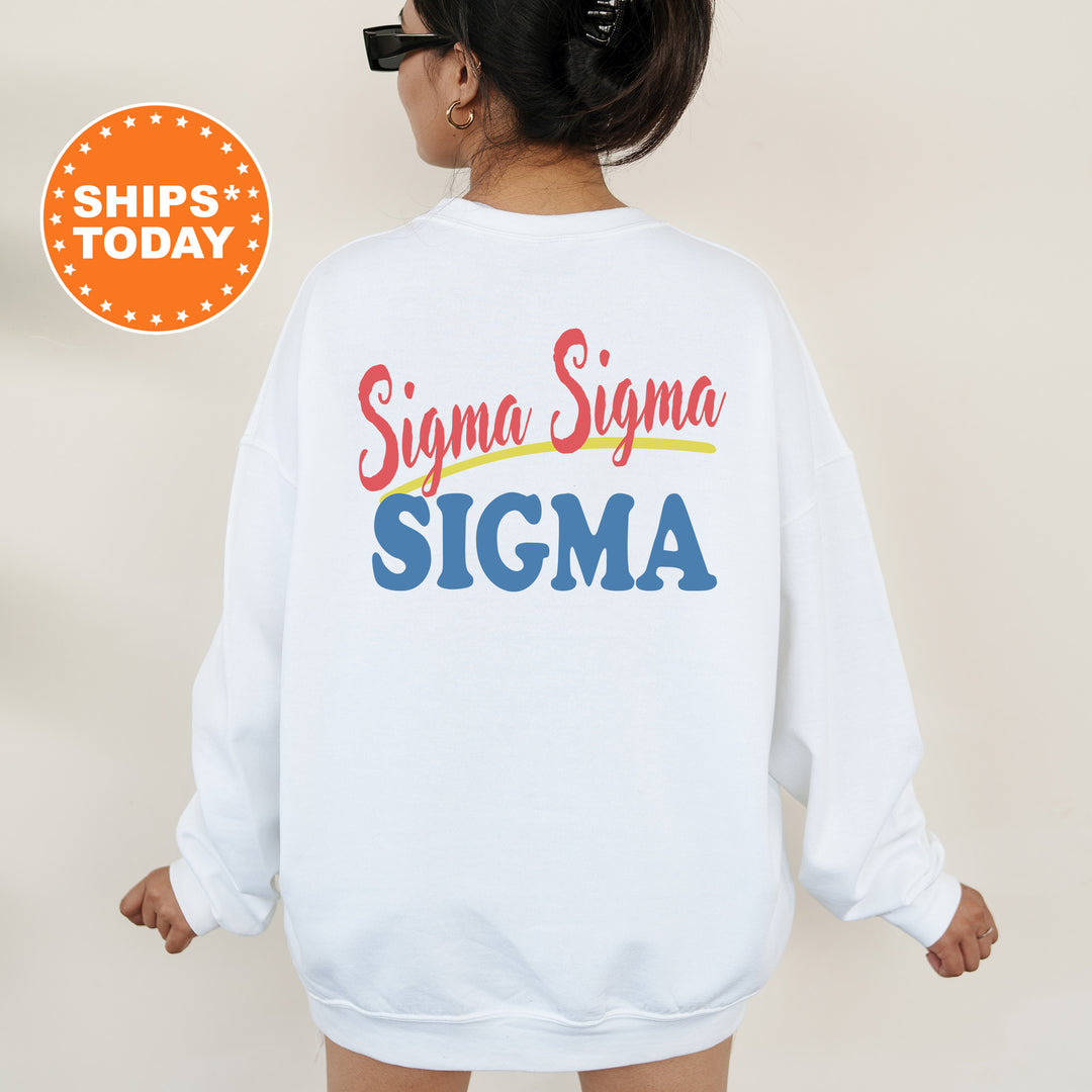 A person wearing a white sweatshirt with the text "Sigma Sigma" printed on the back.