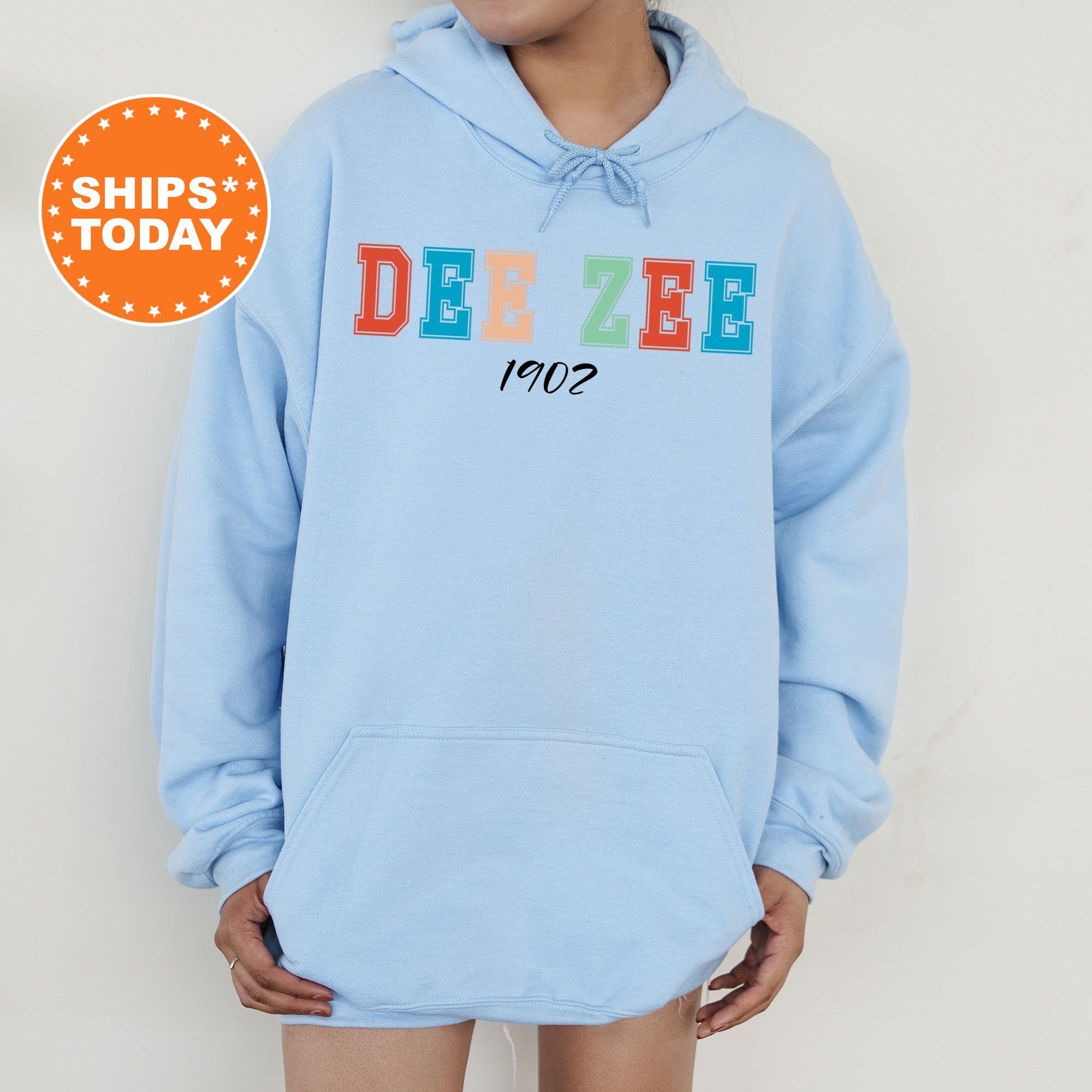 a person wearing a blue hoodie with the words derize on it