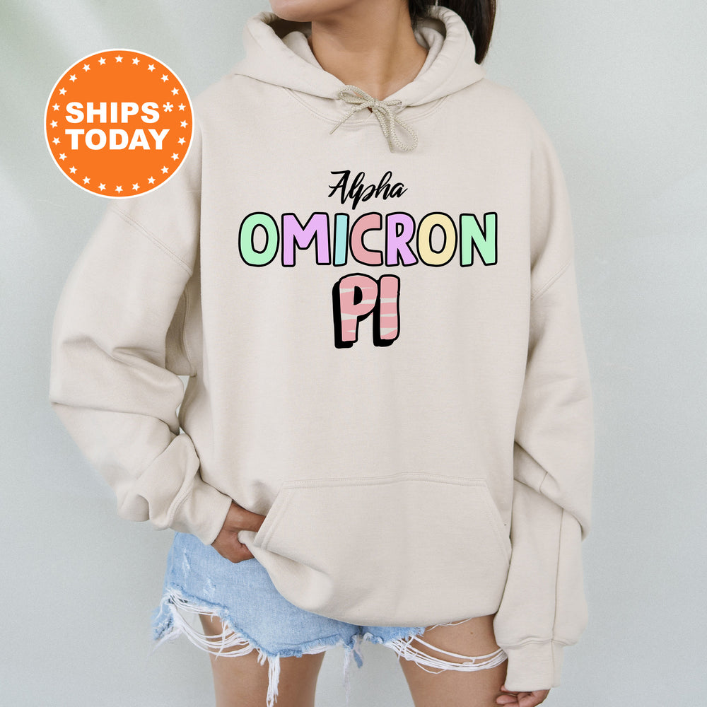 a woman wearing a white sweatshirt with the words omgron pi on it