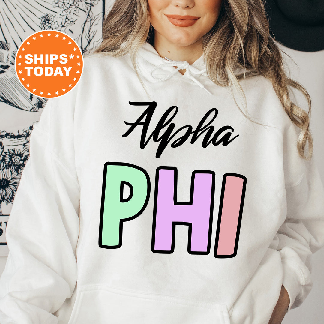 a woman wearing a white hoodie with the words ahha phi on it