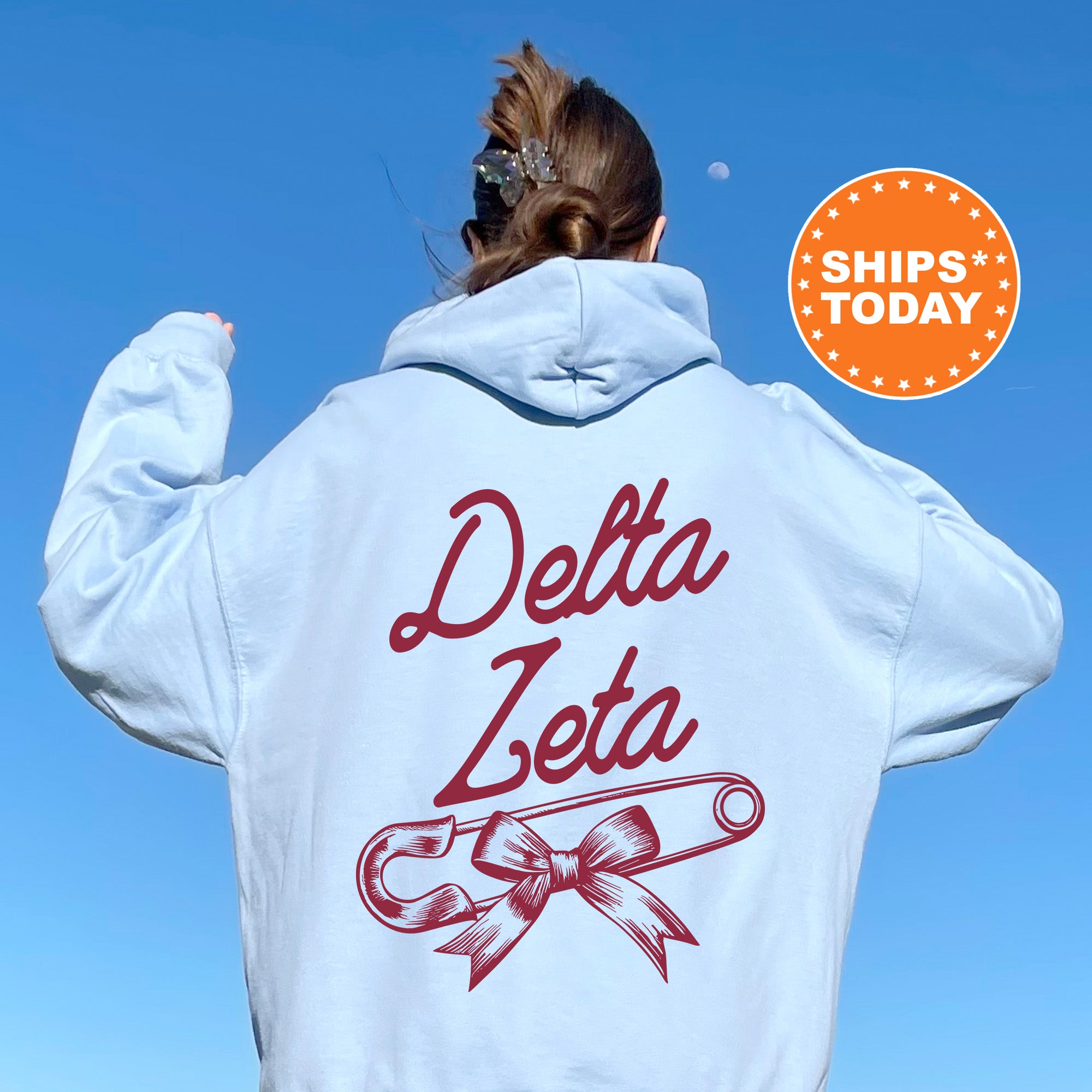 the back of a woman's sweatshirt with the words delta zeta on it