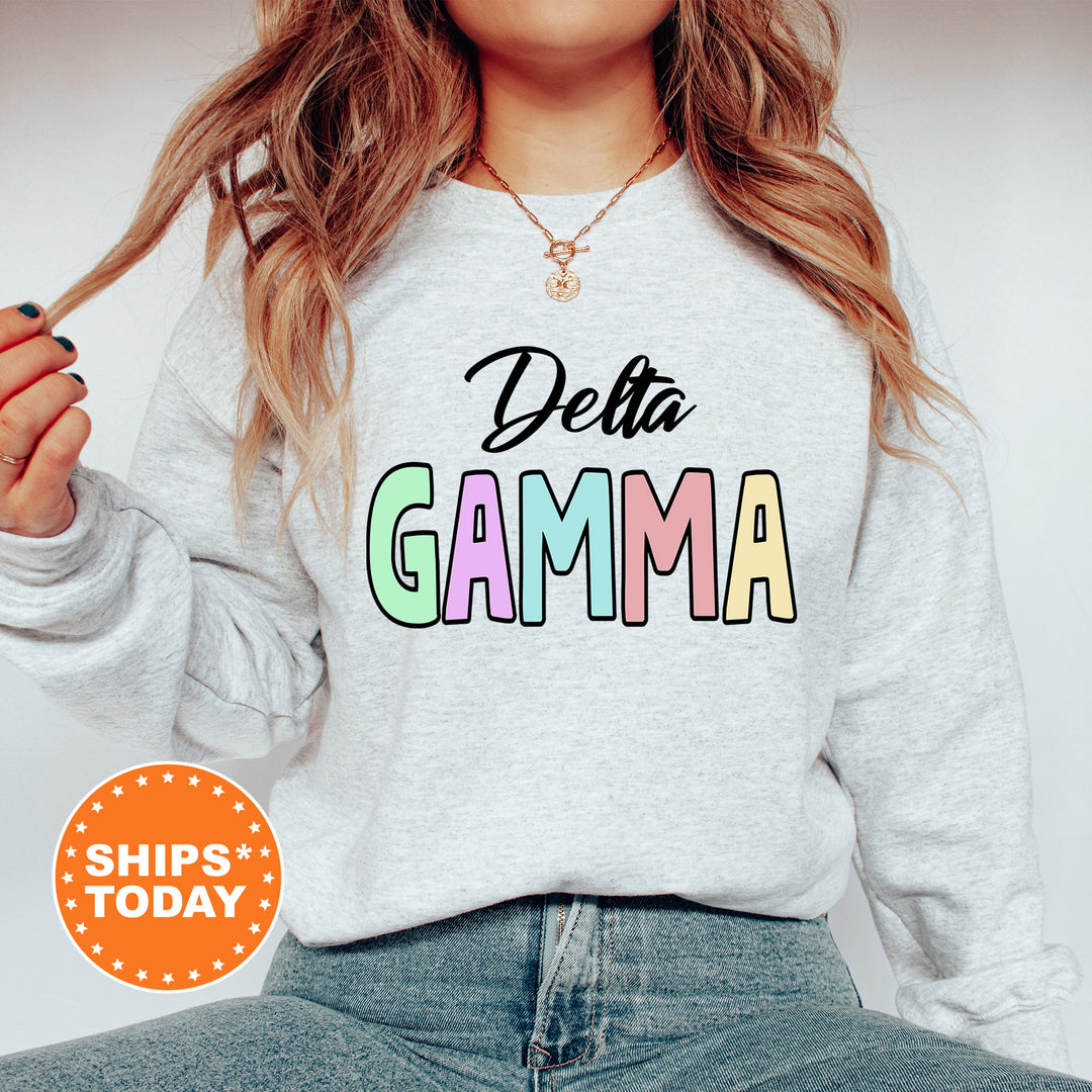 a woman wearing a sweatshirt that says delta gama