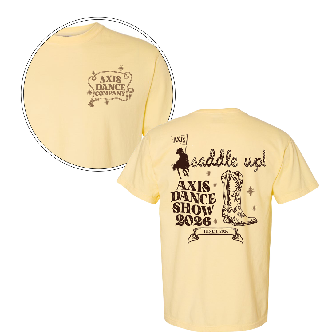 The image is a yellow t-shirt with a graphic design featuring a cowboy boot and the text "AXIS DANCE SHOW 2006" printed on it.