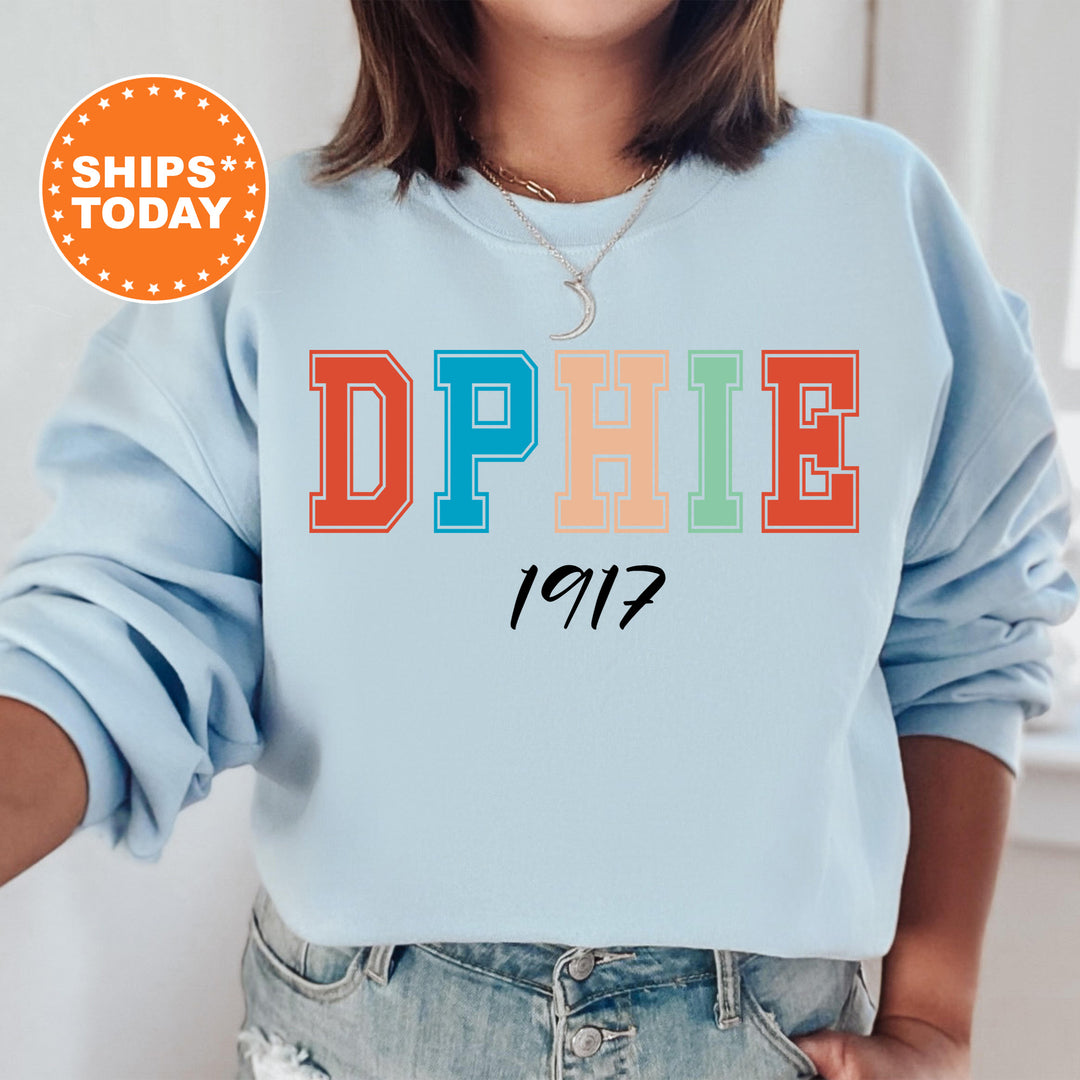 a woman wearing a sweatshirt with the word dppie printed on it