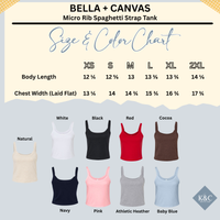 The image is a size and color chart for a micro rib spaghetti strap tank, featuring various color options and corresponding sizes.