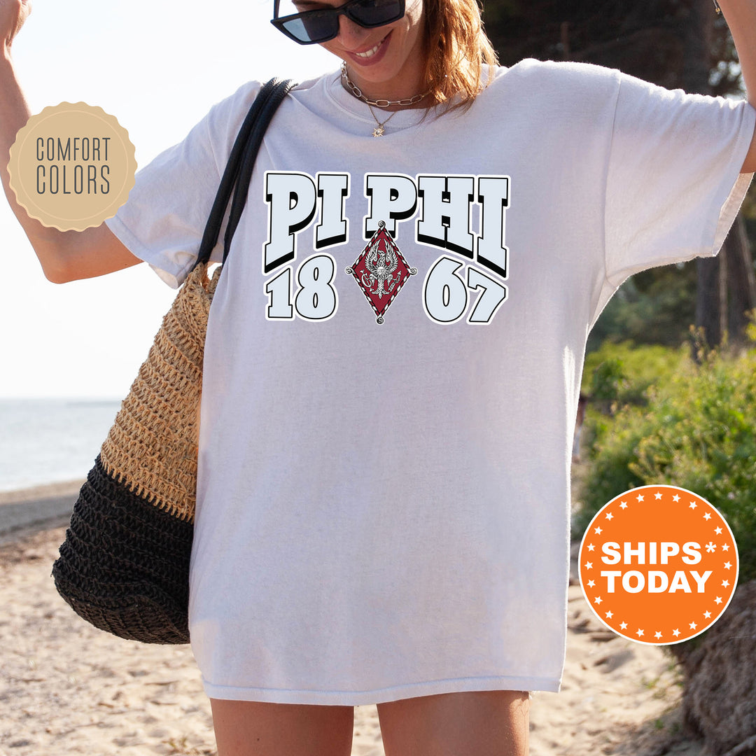 a woman wearing a white shirt with the words pi phi phi on it