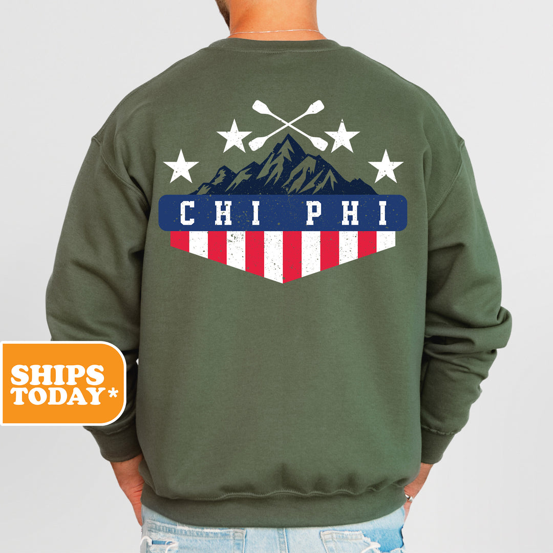 a man wearing a green sweatshirt with the american flag on it
