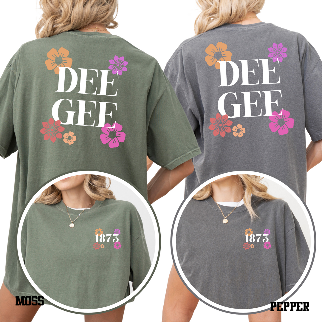 two backpacks with the text "Dee Gee" printed on them, along with colorful flower designs.