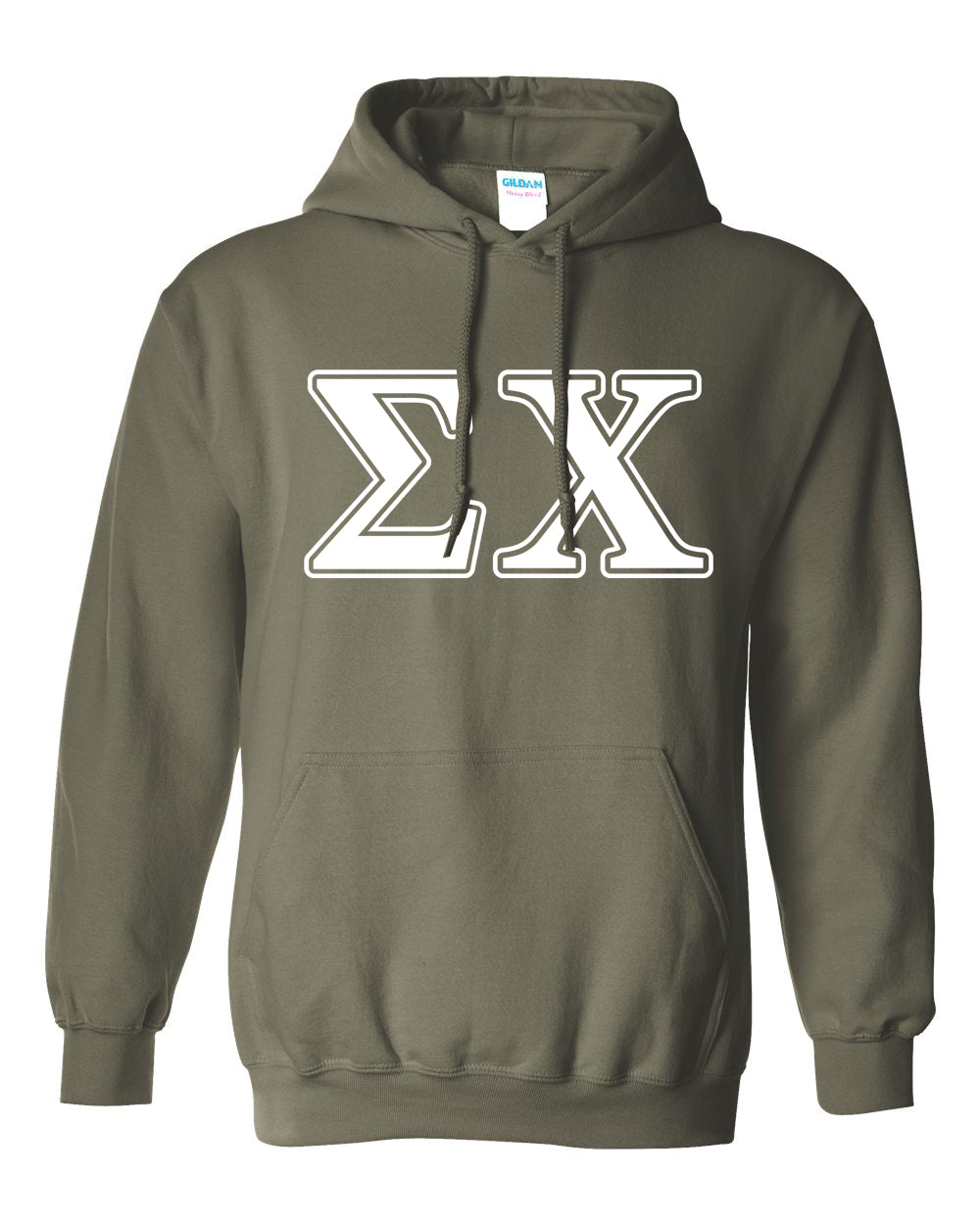 a khaki hoodie with the letter k in white