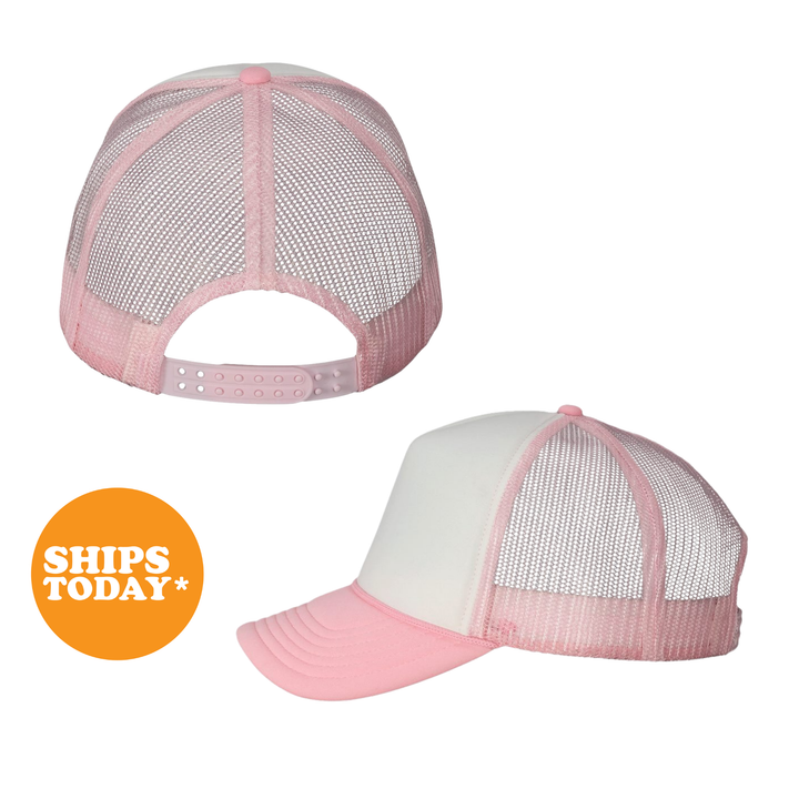 a pink and white baseball cap with mesh panels, displayed in two different views.