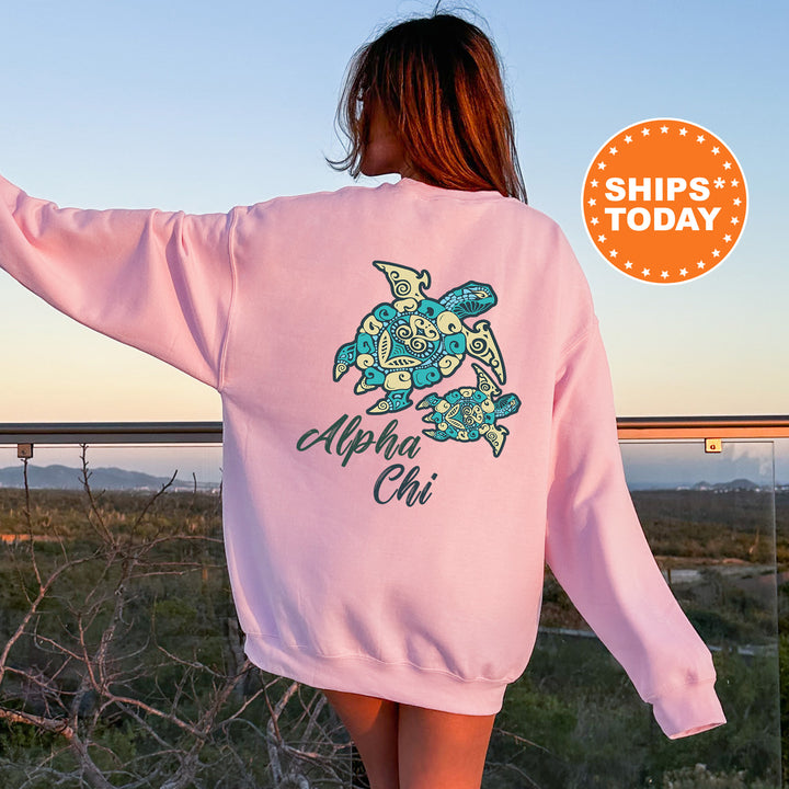 A woman wearing a pink sweatshirt with a graphic of a turtle and the text "Alpha Chi" is standing in front of a scenic landscape.