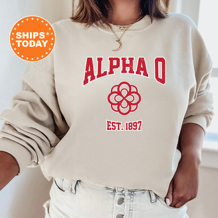 a woman wearing a sweatshirt that says,'alpha o est 1897 '