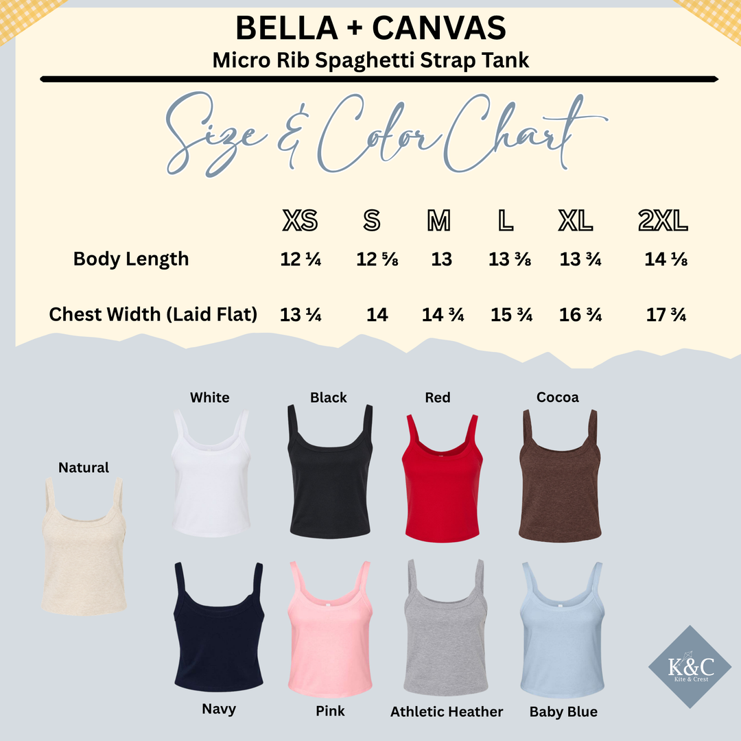 The image is a size and color chart for a micro rib spaghetti strap tank, featuring various color options and corresponding sizes.